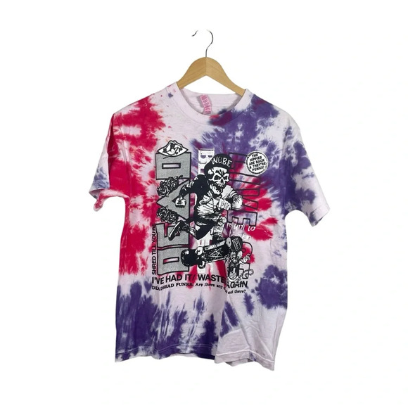 VINTAGE Shred Till You’re Dead Tie Dye Punk Tee in Red/Purple Size M - Picture 1 of 9